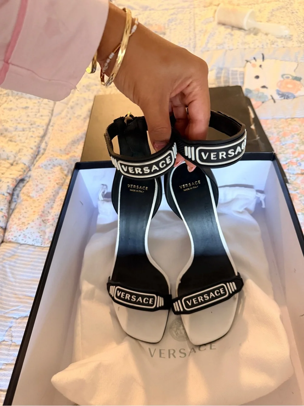 Versace Black and White Logo Ankle-Strap Heels